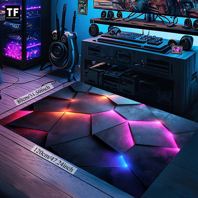 CyberFlux Rug with geometric pattern illuminated by blue and purple LED-style glow effects in modern gaming setup