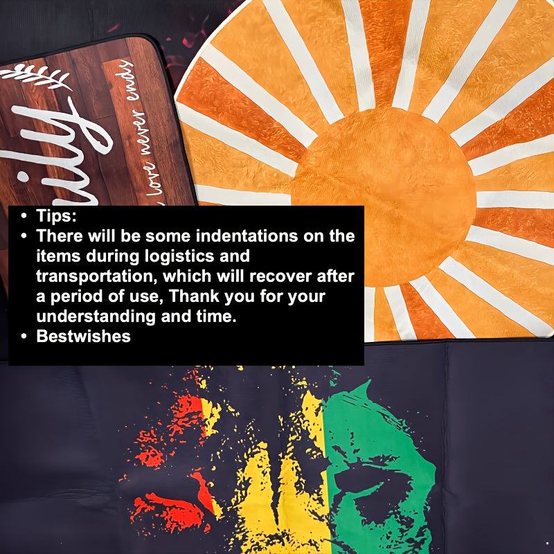 CyberFlux Rug with vibrant red, yellow, and green splash design against dark background, sun rays pattern in orange