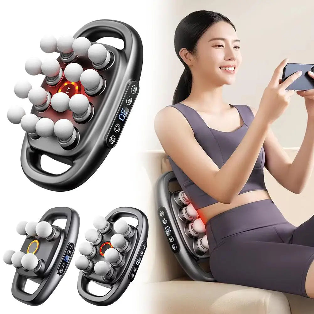 DeepRelief™ Multi-Head Body Massager by HighPeak in black with 12 heads, shown in use for back muscle relief and relaxation.