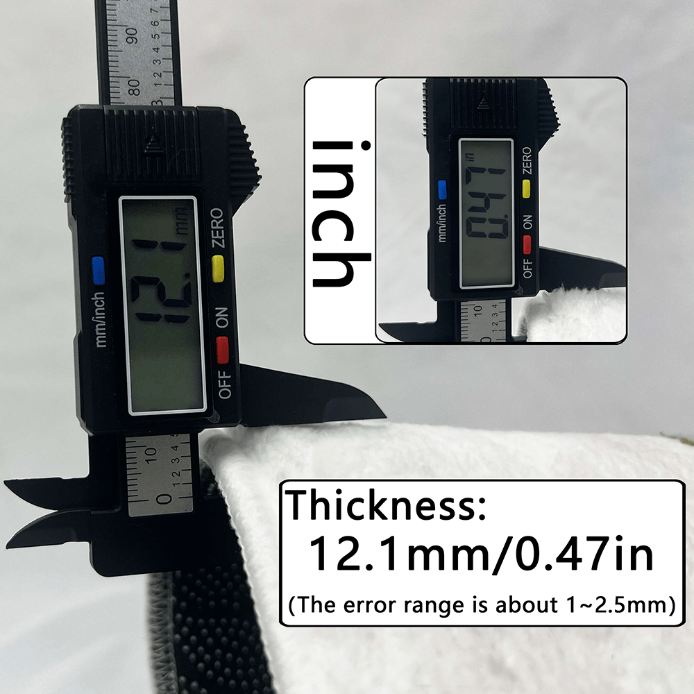 Digital caliper measuring Chill Guy Rug thickness at 12.1mm with LCD display and metric/imperial measurements shown