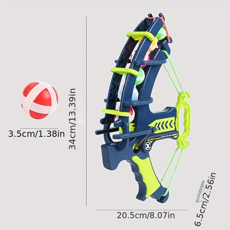 DinoBlaster target game blaster in navy blue and neon green with red and white sticky ball, showing product dimensions