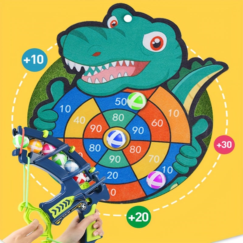 DinoBlaster target game featuring colorful dinosaur-shaped board with score zones and toy dart launcher on yellow background