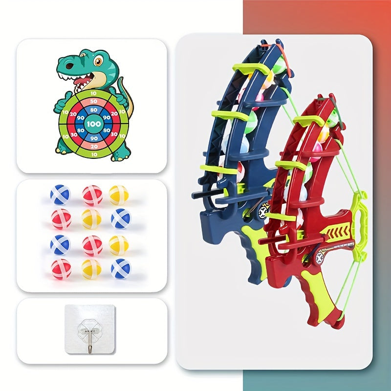 DinoBlaster target game set with red and blue toy launchers, colorful sticky balls, and dinosaur-themed scoring board