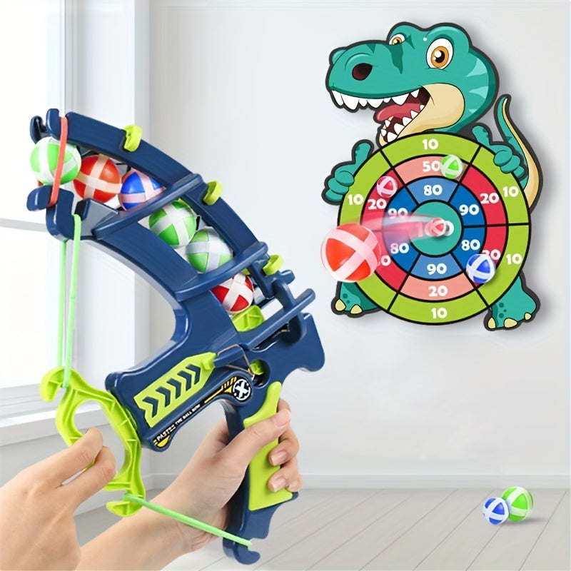 DinoBlaster target game with blue-green toy bow launcher and colorful dinosaur scoring board mounted on white wall
