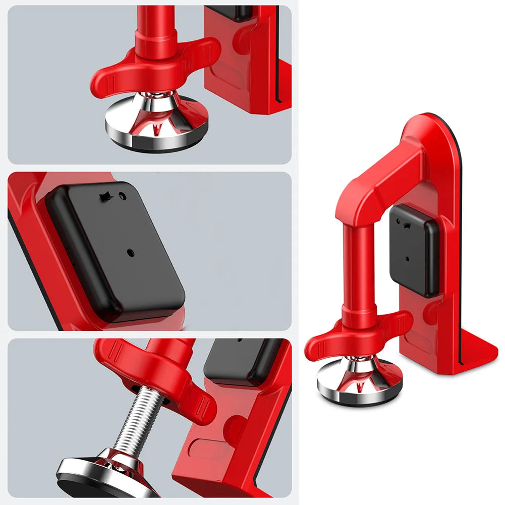 Door Jammie McSlammy portable door stopper in bright red with chrome base and built-in alarm unit - security travel tool