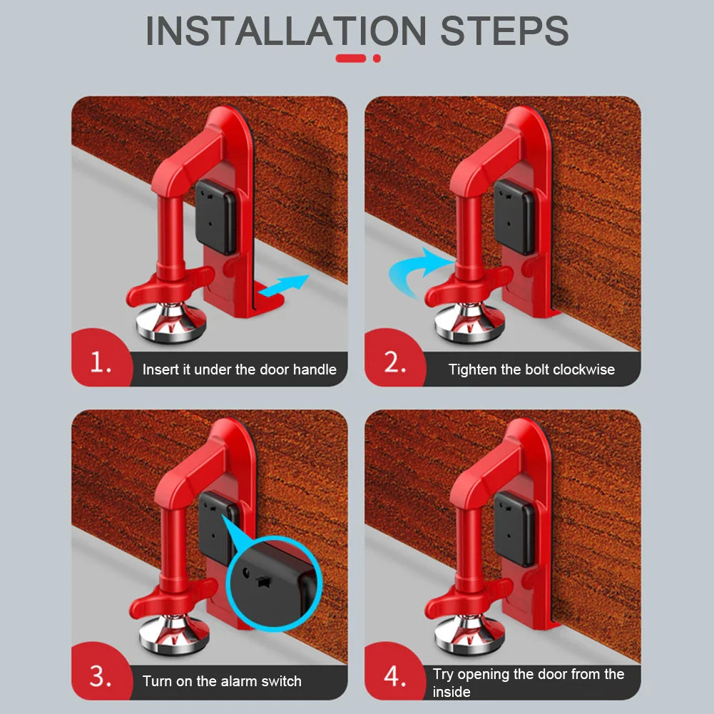 Door Jammie McSlammy portable door stopper in red with built-in alarm, shown in 4-step installation guide on grey background