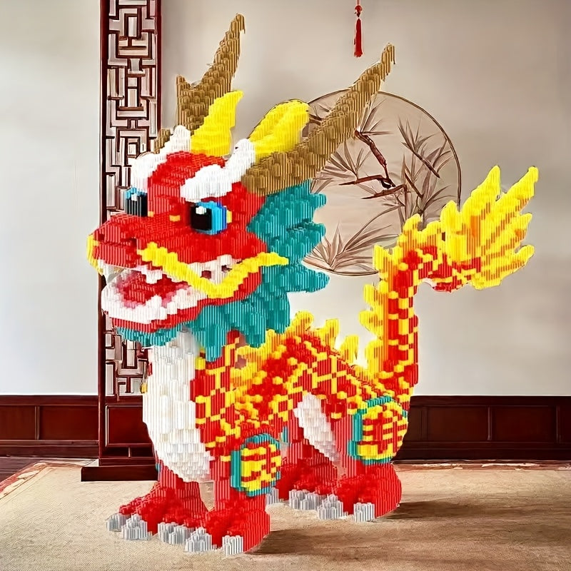 DragonForge buildable dragon in vibrant red and yellow blocks, displaying intricate scales and golden wings against Asian-inspired decor