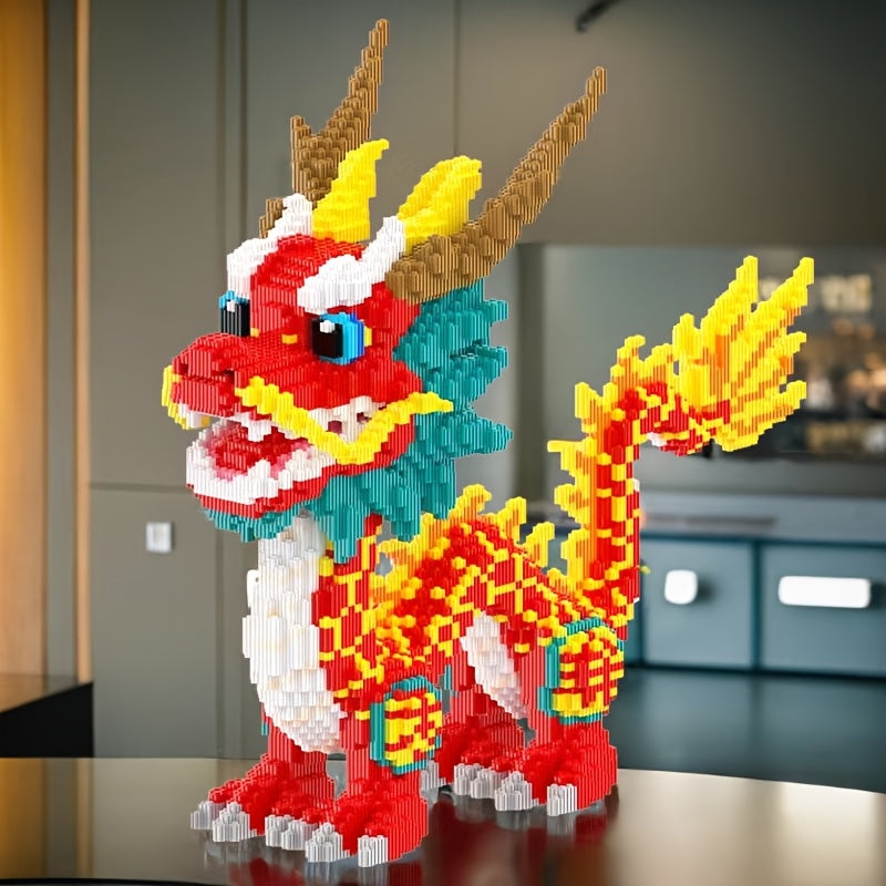 DragonForge buildable dragon model in red and yellow, featuring detailed pixel-block construction with turquoise accents and golden horns