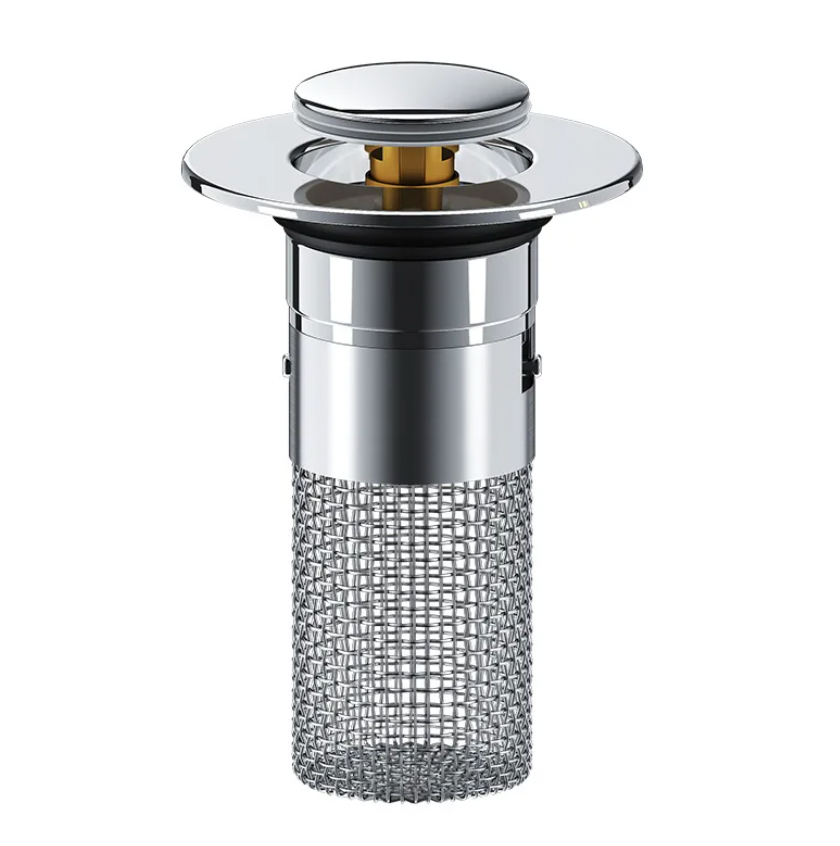 DrainShield drain protector in chrome finish with mesh filter basket - modern sink strainer with pop-up top design