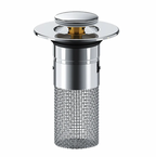 DrainShield drain protector in chrome finish with mesh filter basket - modern sink strainer with pop-up top design