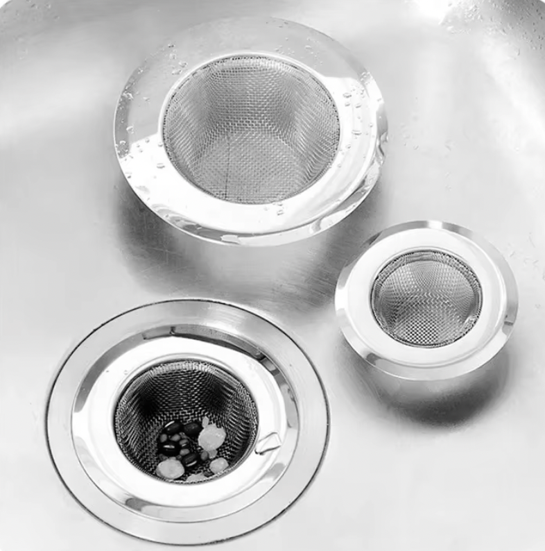 DrainShield drain protector in stainless steel mesh design shown in three sizes for sink and shower drain protection