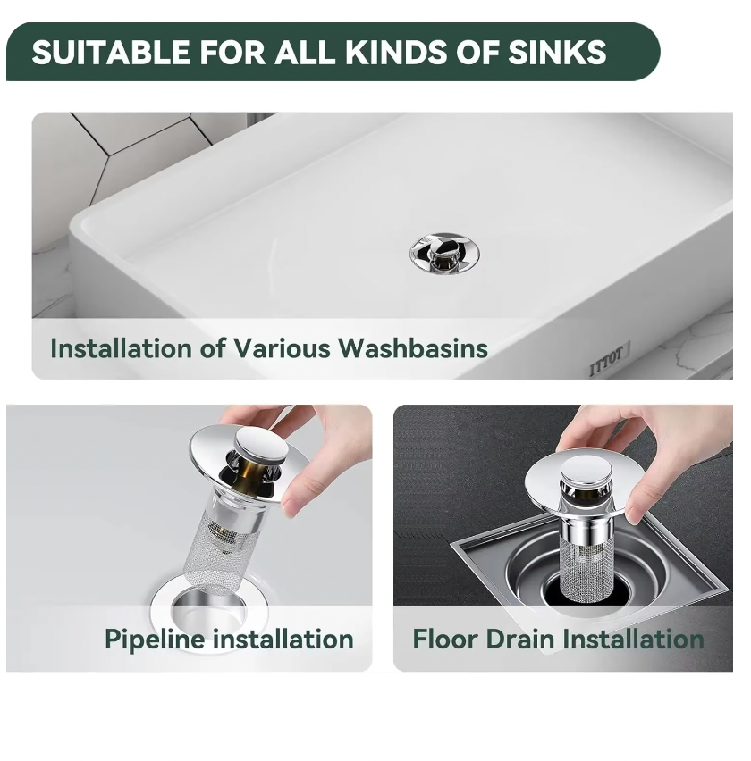 DrainShield drain protector shown installed in white sink, floor drain, and pipeline - versatile drain protection system