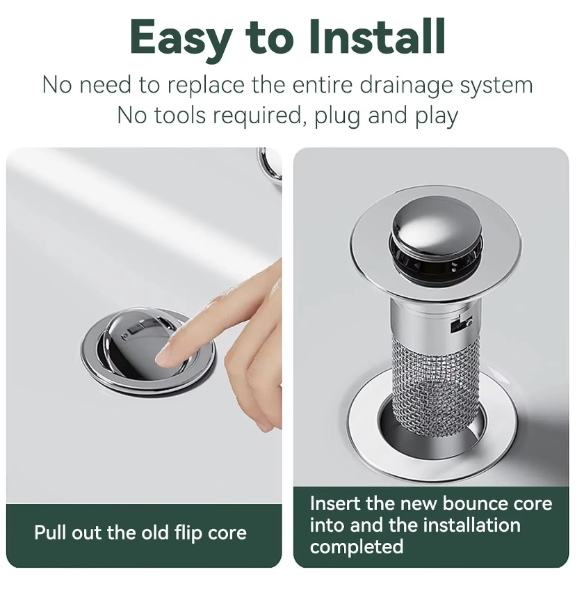 DrainShield installation demonstration showing chrome mesh filter insert replacing old drain core - easy plug-and-play setup