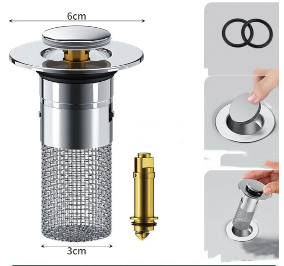 DrainShield sink strainer with chrome finish and mesh filter basket showing 6cm width, removable parts and installation steps