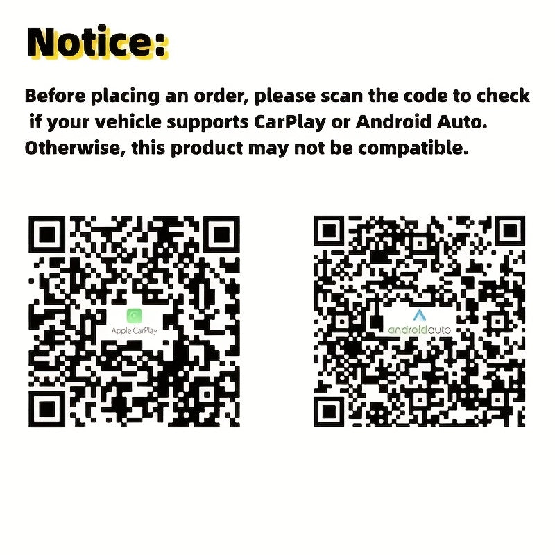 DriveSync compatibility notice with two QR codes for CarPlay and Android Auto vehicle verification check
