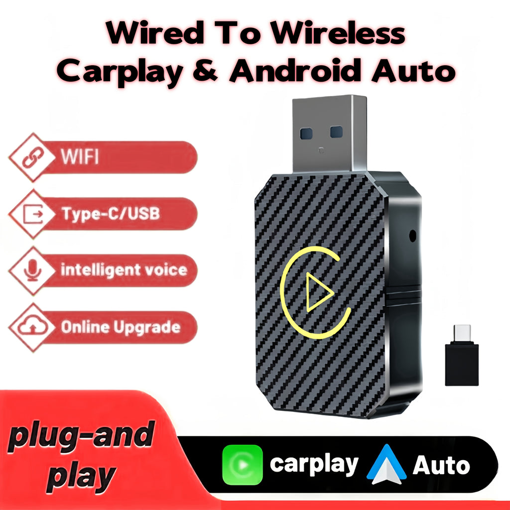 DriveSync wireless CarPlay adapter with carbon fiber design, USB connector, and feature icons showing WiFi and voice control