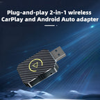 DriveSync wireless CarPlay adapter with carbon fiber design and USB connector on dynamic blue tech background
