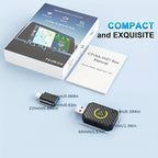 DriveSync wireless CarPlay adapter with carbon fiber design and USB connector shown with product box and manual