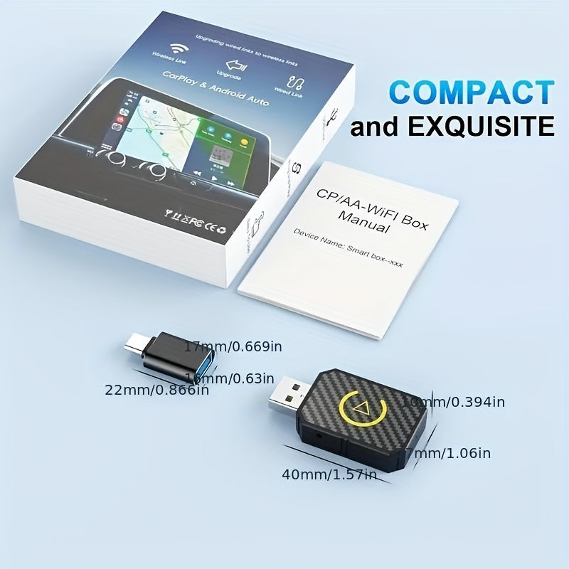 DriveSync wireless CarPlay adapter with carbon fiber design and USB connector shown with product box and manual