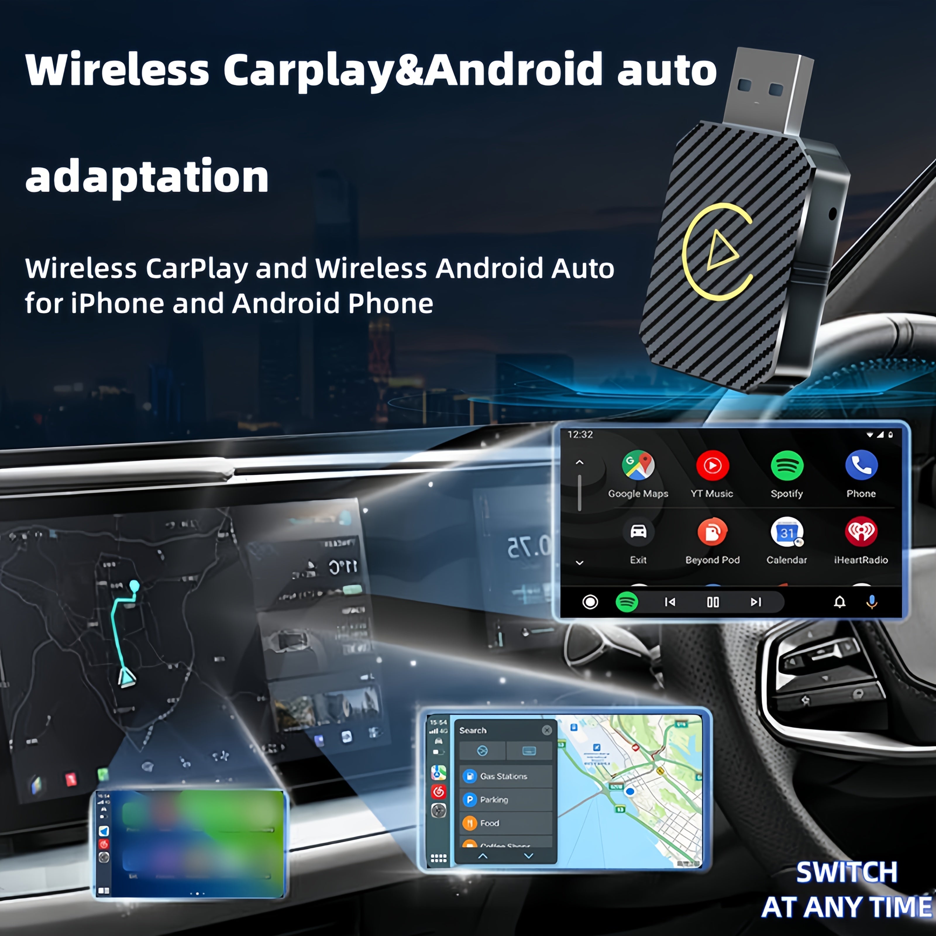 DriveSync wireless CarPlay adapter with carbon fiber design shown connected to car display interface with navigation apps