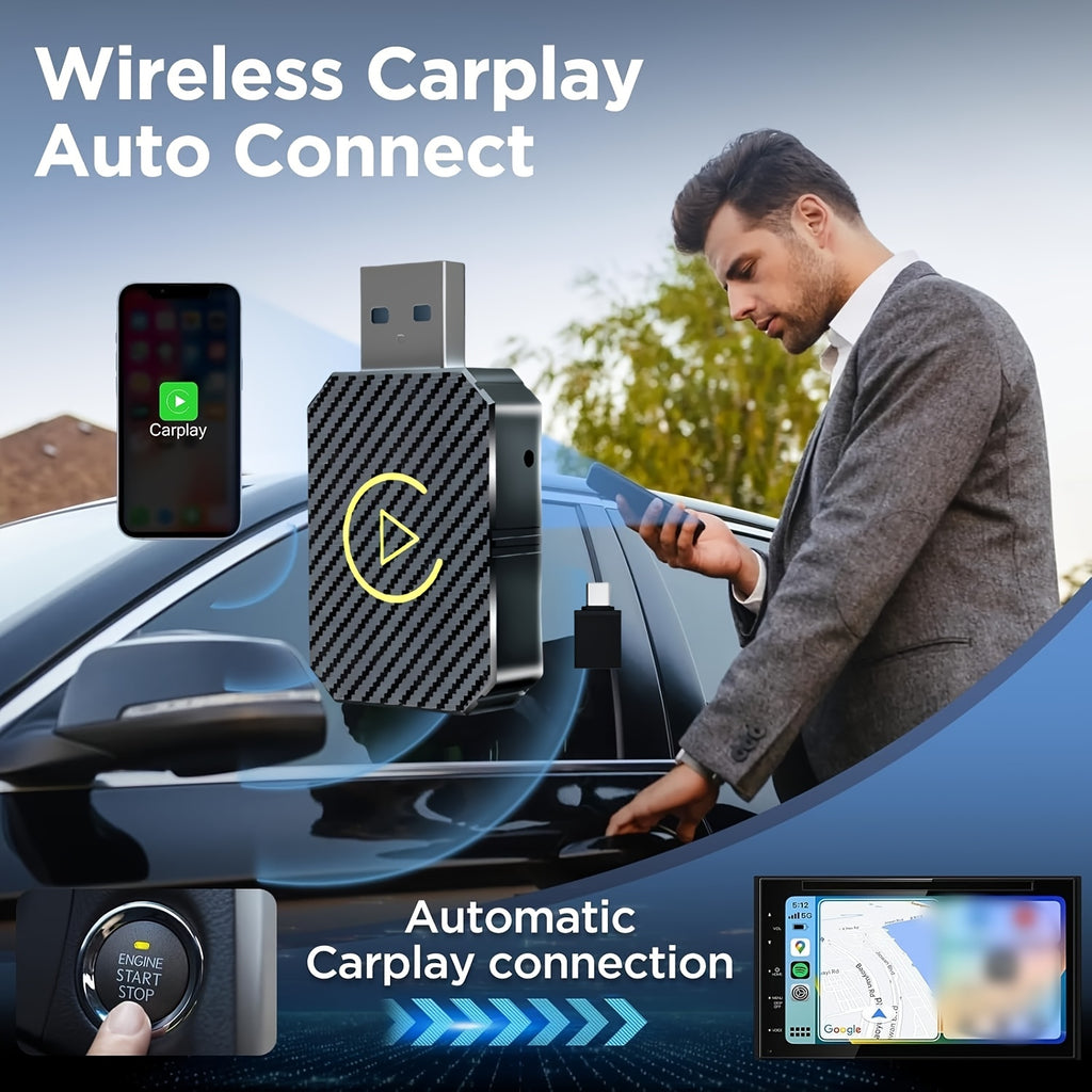 DriveSync wireless CarPlay adapter with carbon fiber design shown next to car dashboard display and smartphone connection interface