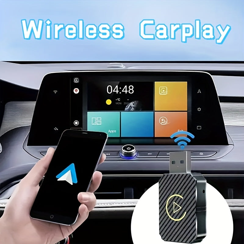 DriveSync wireless CarPlay adapter with carbon fiber design shown next to car display and smartphone demonstrating wireless connectivity