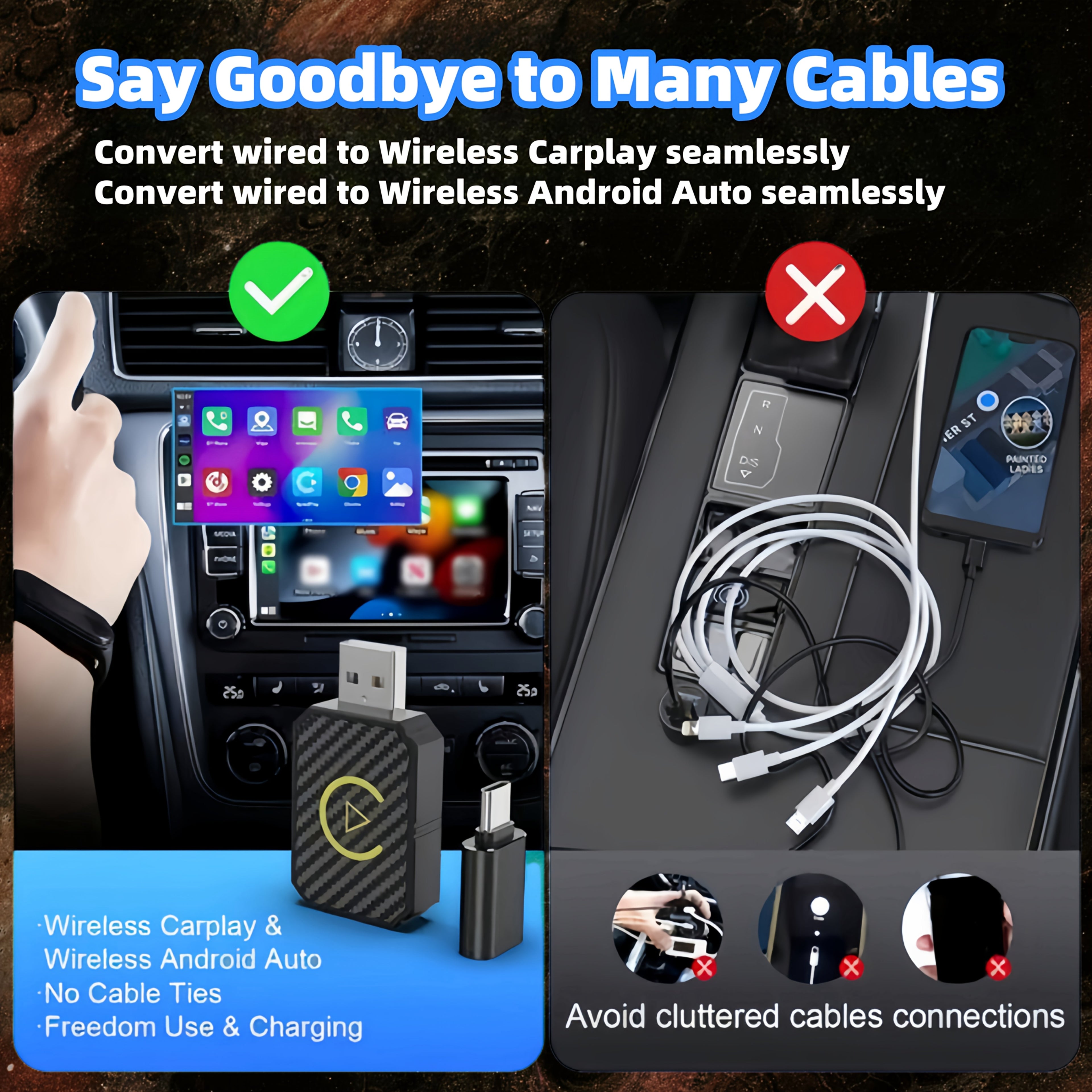 DriveSync wireless adapter shown in car dashboard display, comparing cable-free and traditional wired CarPlay connections