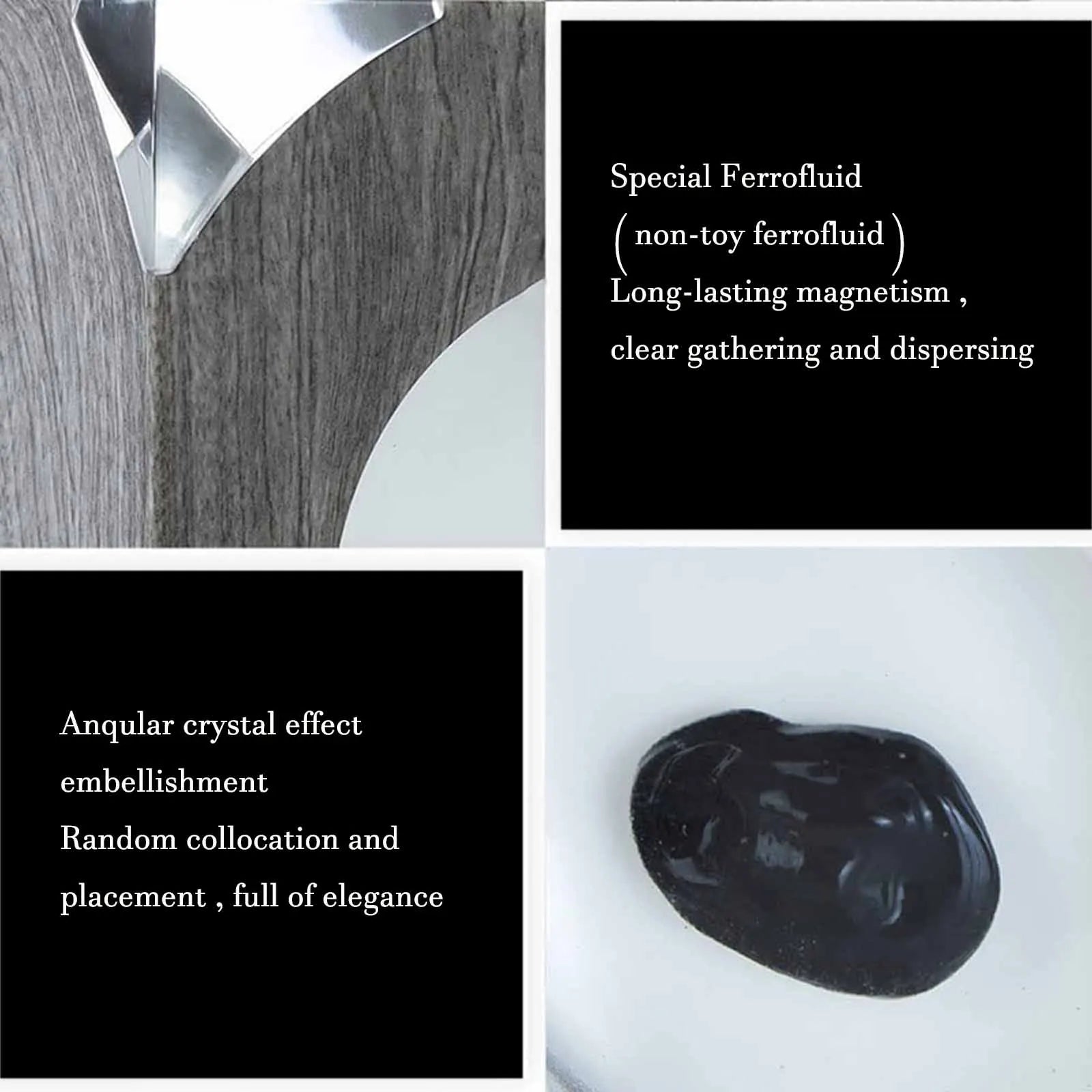 EchoFlow ferrofluid display with black magnetic liquid and crystal effects showcasing elegant fluid movement in modern setup