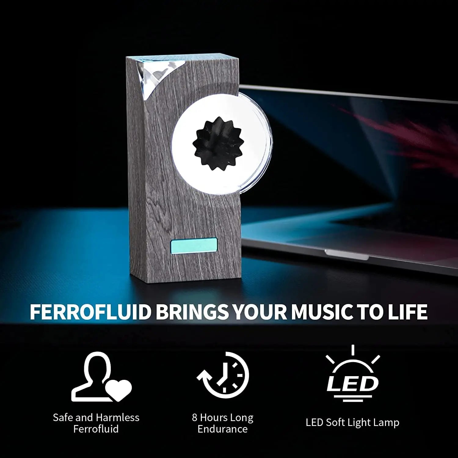 EchoFlow ferrofluid music visualizer in gray wood finish with LED display and magnetic liquid chamber on dark background