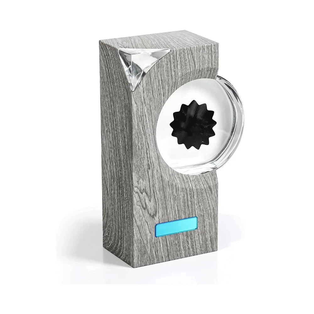 EchoFlow magnetic ferrofluid display in gray wood housing with circular glass window and black liquid pattern - sound reactive decor