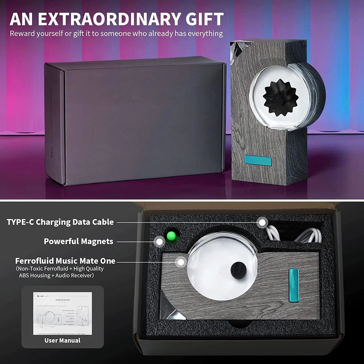 EchoFlow magnetic liquid visualizer in dark wood case with ferrofluid display and LED indicator - music reactive desk decor