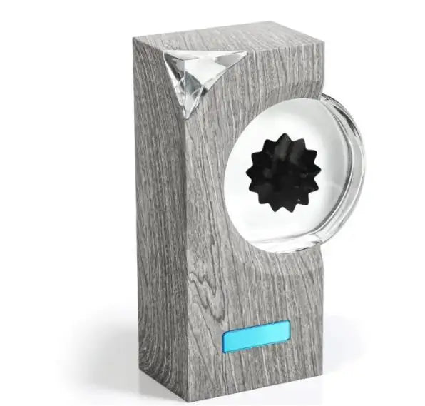 EchoFlow magnetic sound visualizer in gray wood finish with circular display and black ferrofluid - modern desk decor