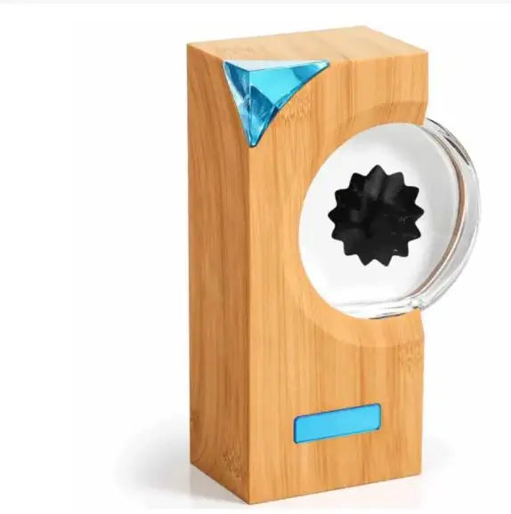 EchoFlow music visualizer in bamboo wood with black ferrofluid display and blue accents - modern sound reactive decor