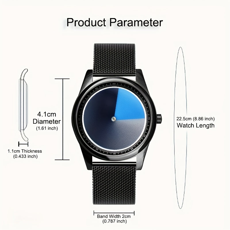 EclipseMotion black watch with blue-grey gradient rotating dial and mesh band - product dimensions diagram