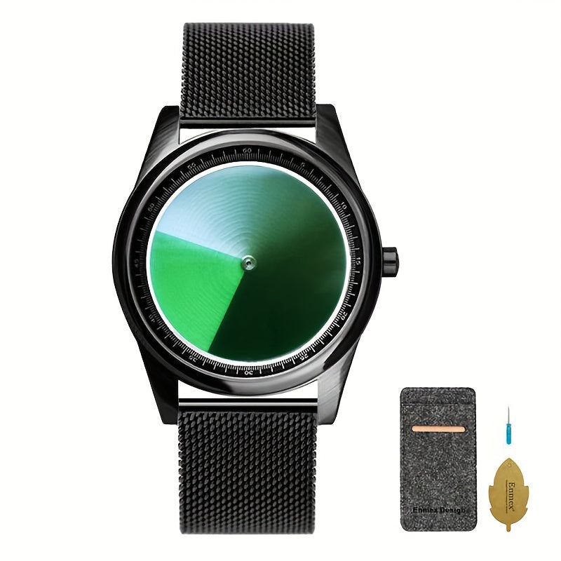 EclipseMotion futuristic watch with black mesh band and gradient green dial featuring minimalist rotating face design