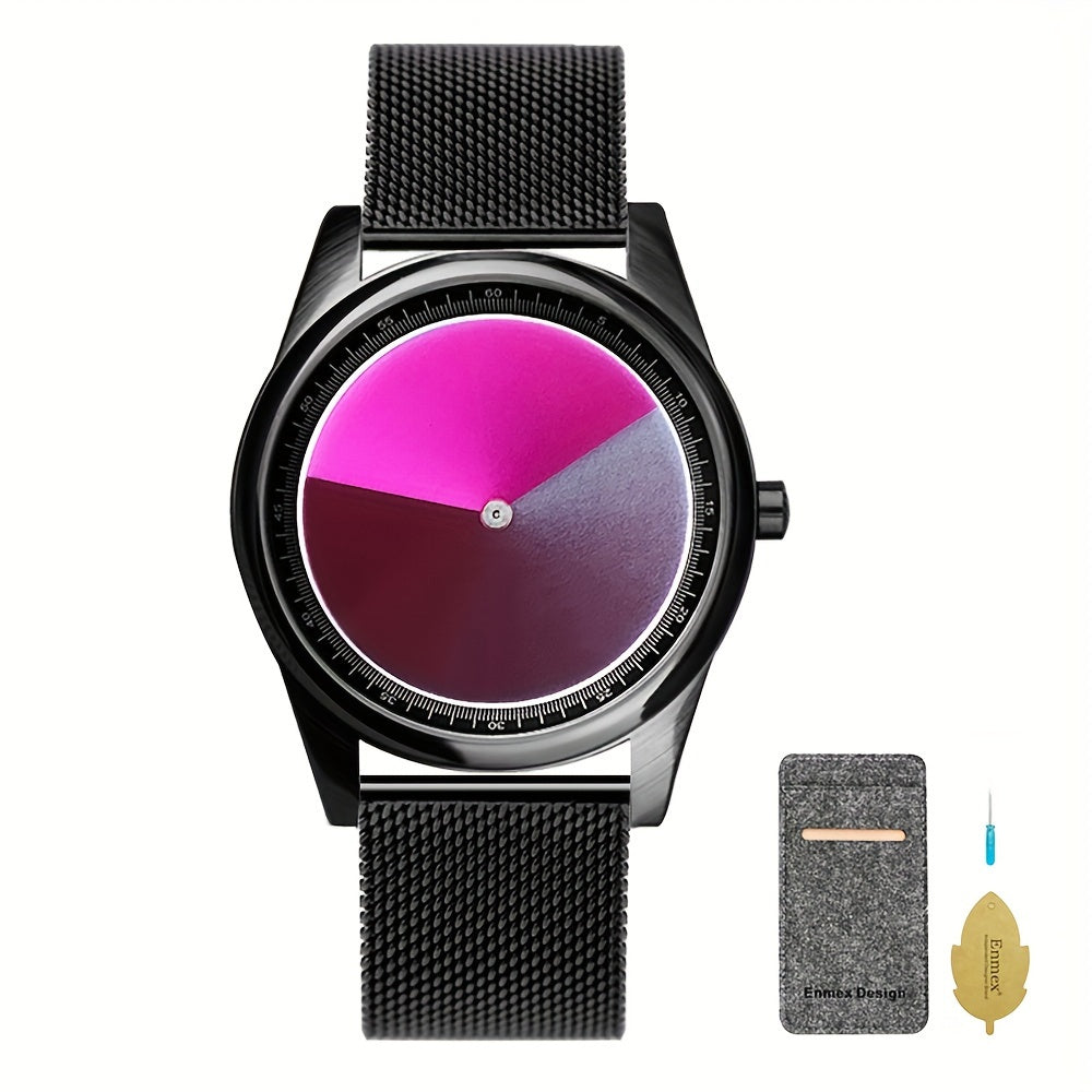 EclipseMotion futuristic watch with black mesh band and pink-purple gradient rotating dial on white background