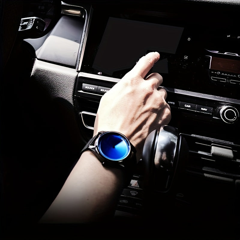 EclipseMotion timepiece with blue gradient dial on wrist while driving, showcasing modern design in car interior setting