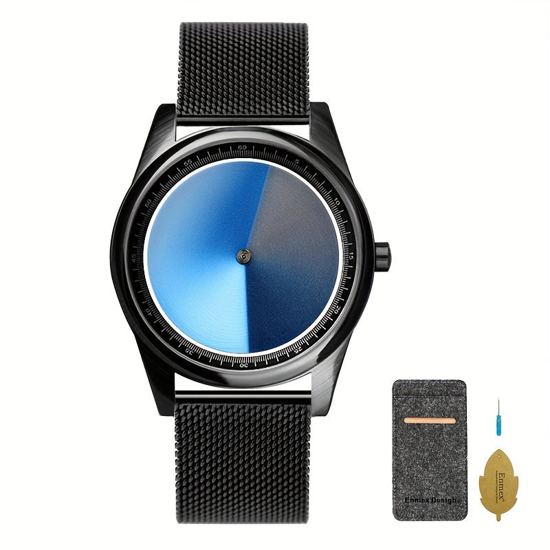 EclipseMotion watch with black mesh band and blue gradient rotating dial, displayed with maintenance accessories