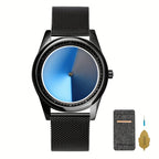 EclipseMotion watch with black mesh band and blue gradient rotating dial, displayed with maintenance accessories