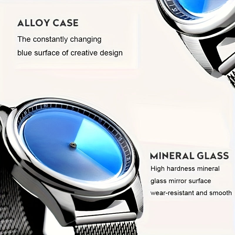EclipseMotion watch with gradient blue dial, silver alloy case, and mesh band - modern minimalist timepiece design