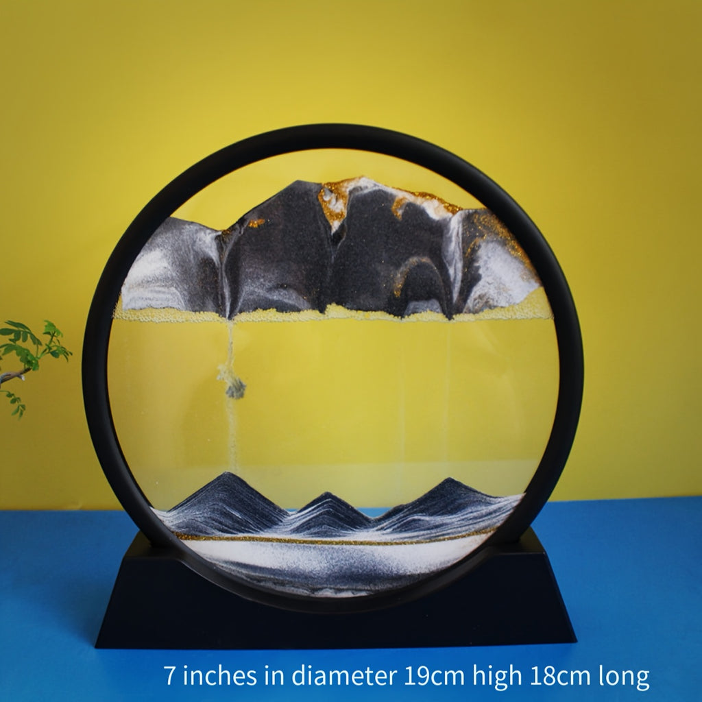 Eclipse Flow Dynamic Sand Art display with black and white sand forming mountain peaks against yellow backdrop