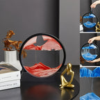 Eclipse Flow Dynamic Sand Art display with red sand forming flowing landscape patterns in round black frame