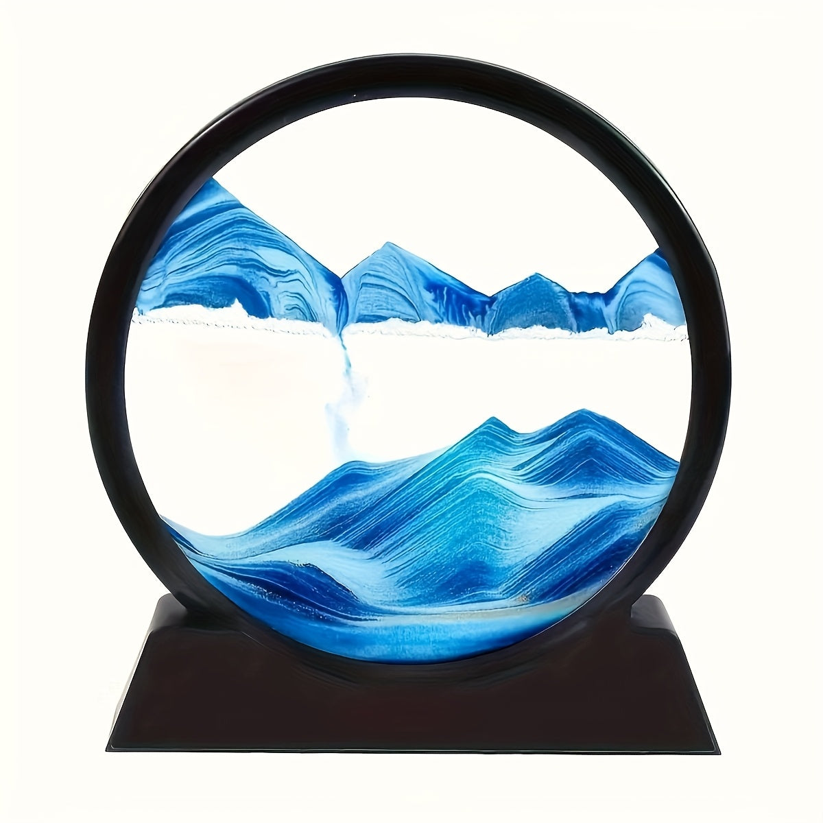 Eclipse Flow Dynamic Sand Art displaying flowing blue sand formations in circular black frame on stand - mesmerizing motion art