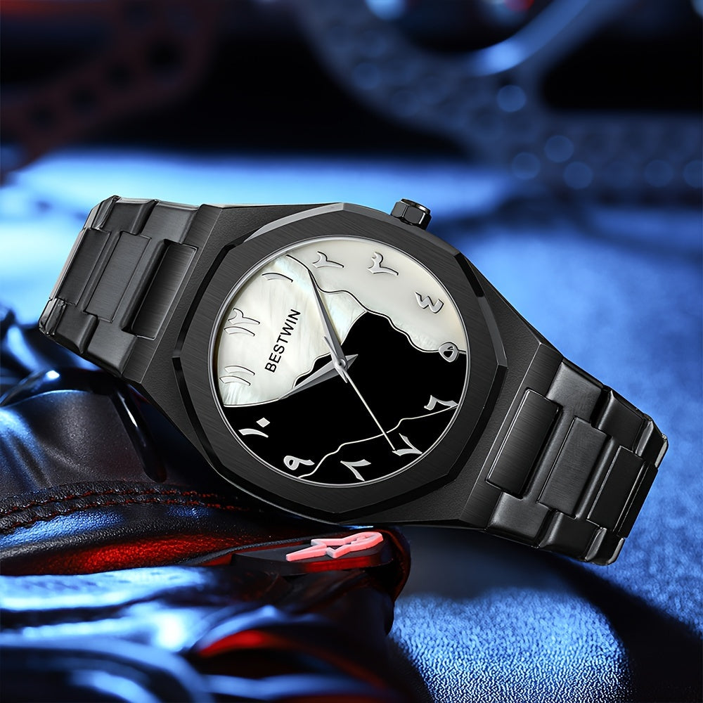 Eclipse Royale Dial Watch in black stainless steel with split-tone black and white Arabic numeral face on blue surface