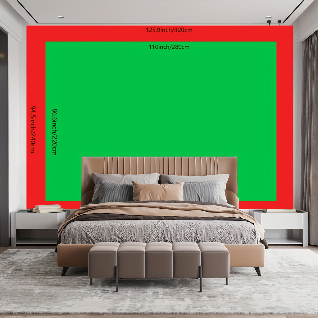 Enchanting Cenote Waterfall Tapestry dimensions displayed on white wall above beige upholstered bed with gray bedding and footstools