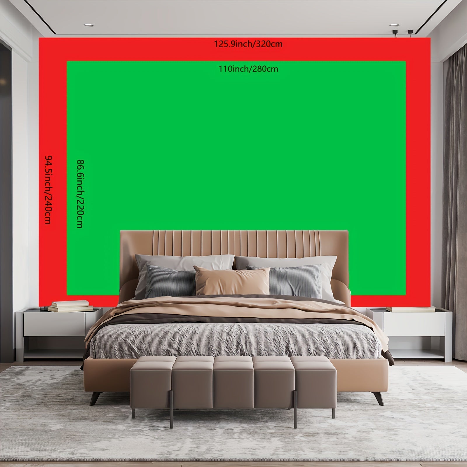 Enchanting Cenote Waterfall Tapestry dimensions displayed on white wall above beige upholstered bed with gray bedding and footstools