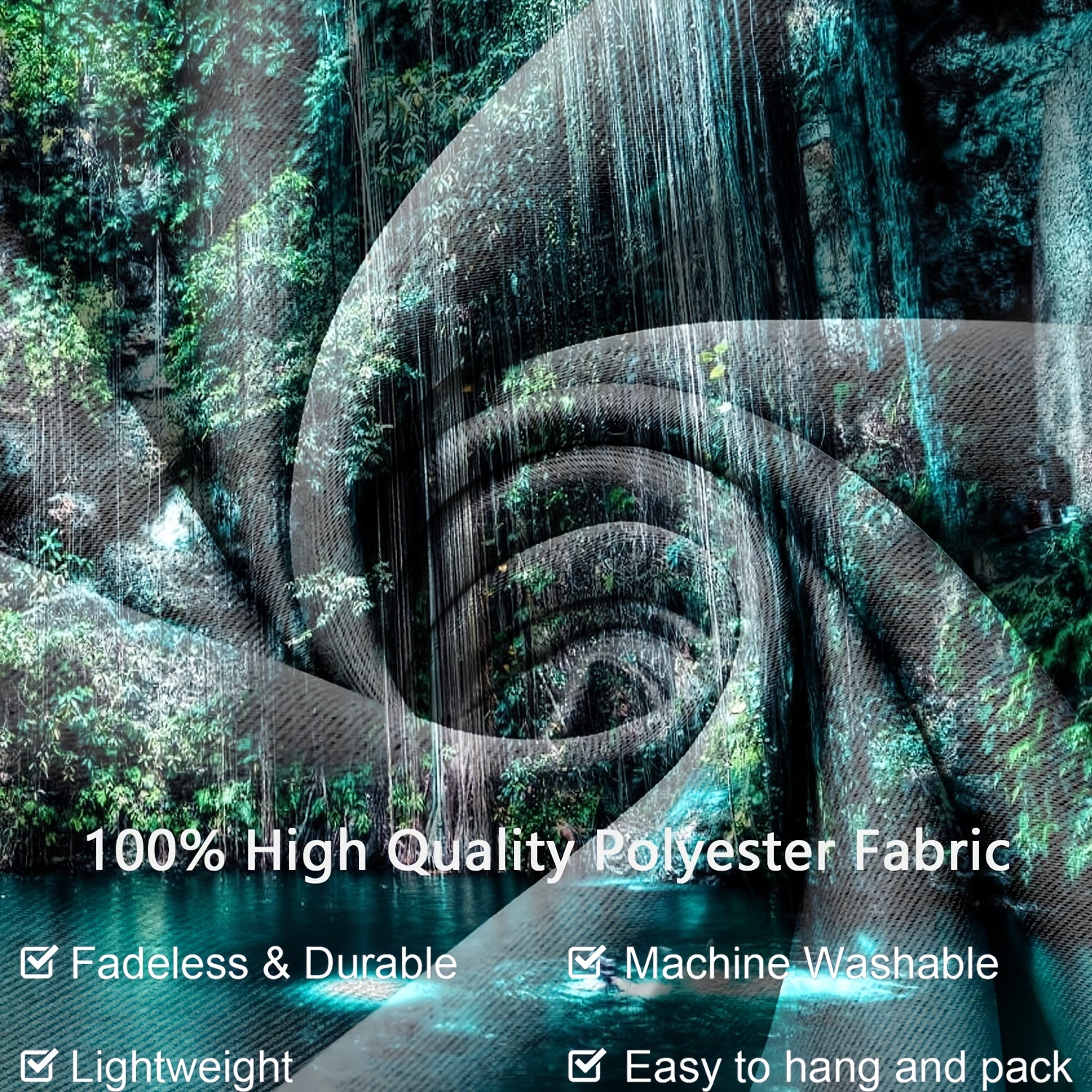 Enchanting Cenote Waterfall Tapestry displaying mystical spiral cave formation with cascading water and lush green foliage