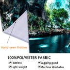 Enchanting Cenote Waterfall Tapestry displaying turquoise waters in natural cave setting with lush greenery and sunlit rock formations