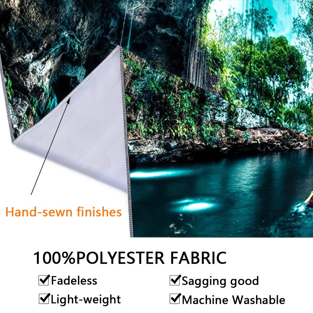 Enchanting Cenote Waterfall Tapestry displaying turquoise waters in natural cave setting with lush greenery and sunlit rock formations