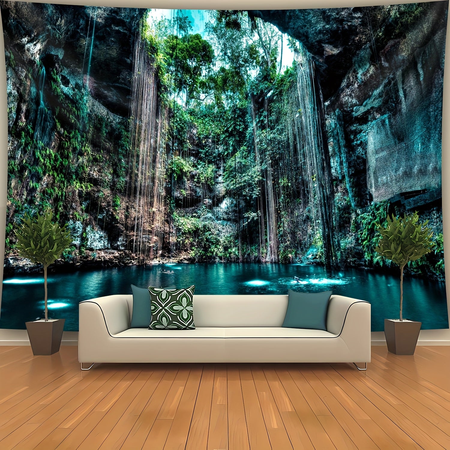 Enchanting Cenote Waterfall Tapestry featuring turquoise natural pool, cascading waterfalls, and lush greenery in a limestone cave
